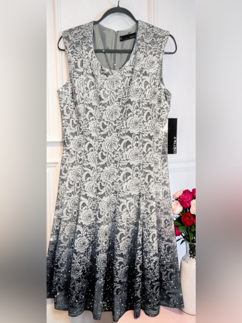 NWT SZ 16 Chetta B 'Magic' floral Lace Fit & Flare Midi Dress in gray Ombre’